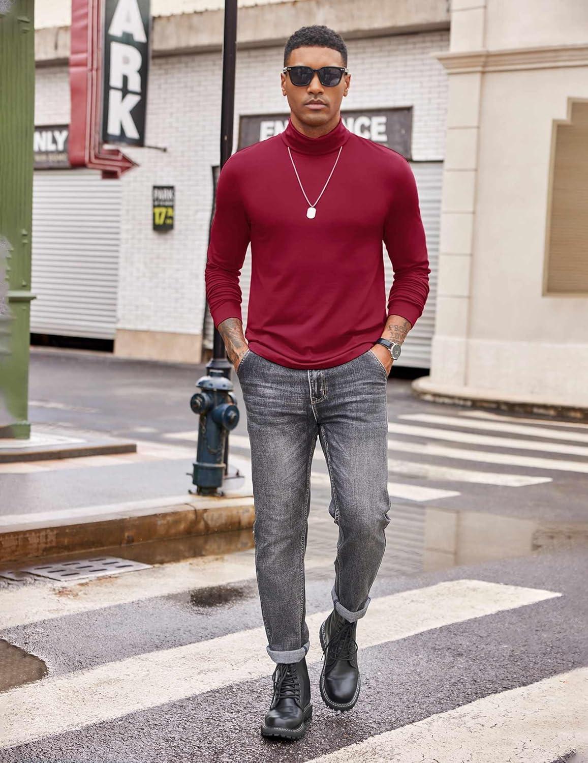 imageCOOFANDY Mens Turtleneck T Shirt Long Sleeve Pullover Sweater Slim Fit Lightweight Thermal Undershirt TopsWine Red