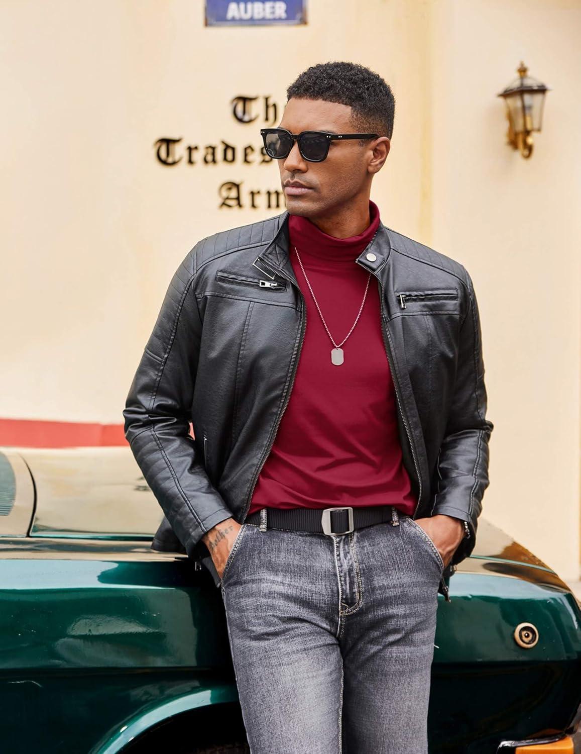 imageCOOFANDY Mens Turtleneck T Shirt Long Sleeve Pullover Sweater Slim Fit Lightweight Thermal Undershirt TopsWine Red