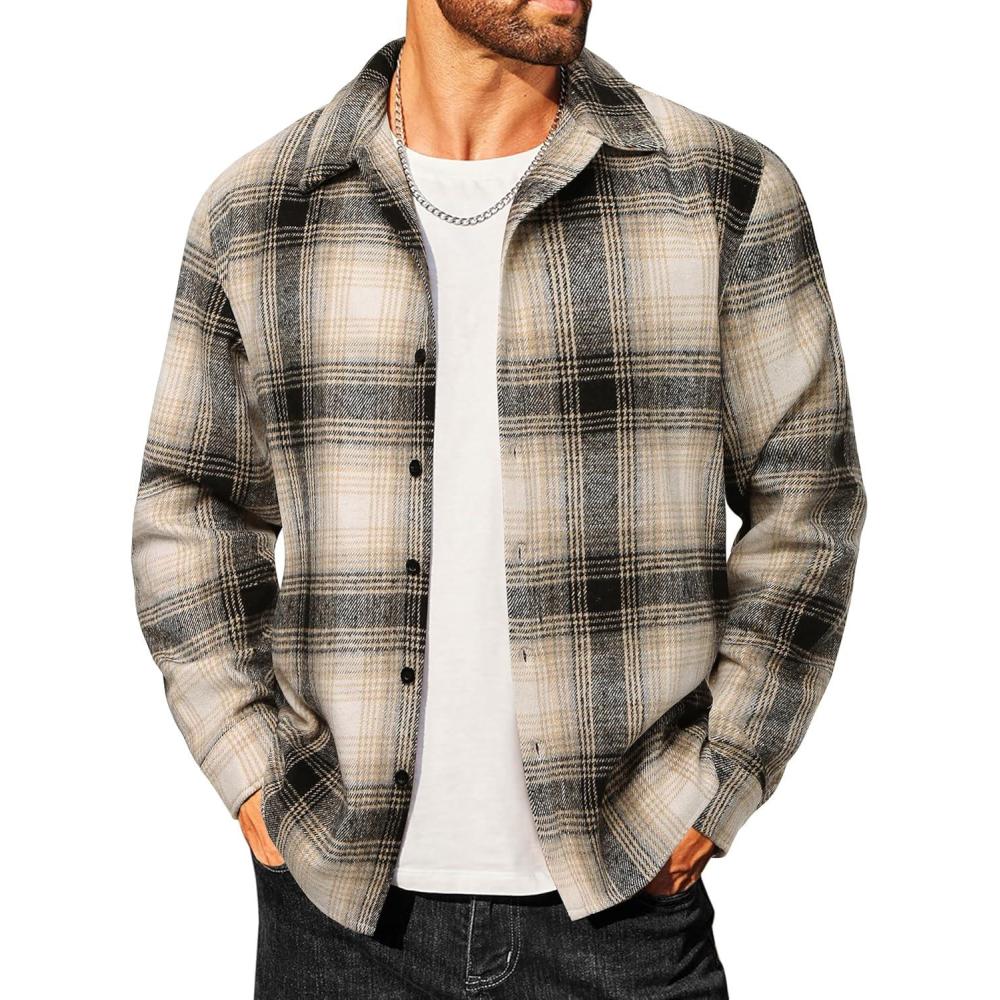 imageCOOFANDY Mens Flannel Shirts Casual Button Down Plaid Shirt Jacket Long Sleeve Fleece ShacketBlackbeige Plaid