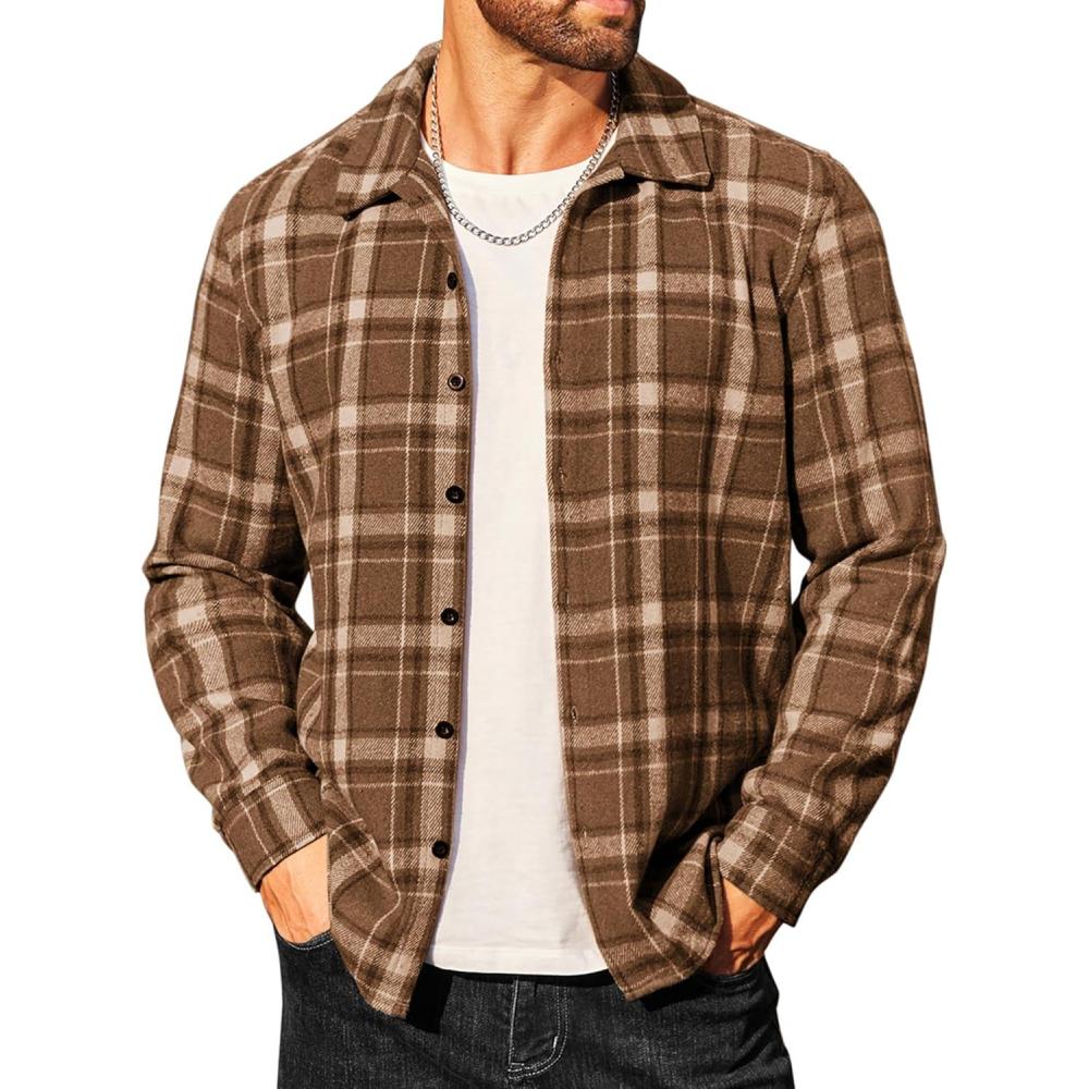 imageCOOFANDY Mens Flannel Shirts Casual Button Down Plaid Shirt Jacket Long Sleeve Fleece ShacketBrownwhite Plaid