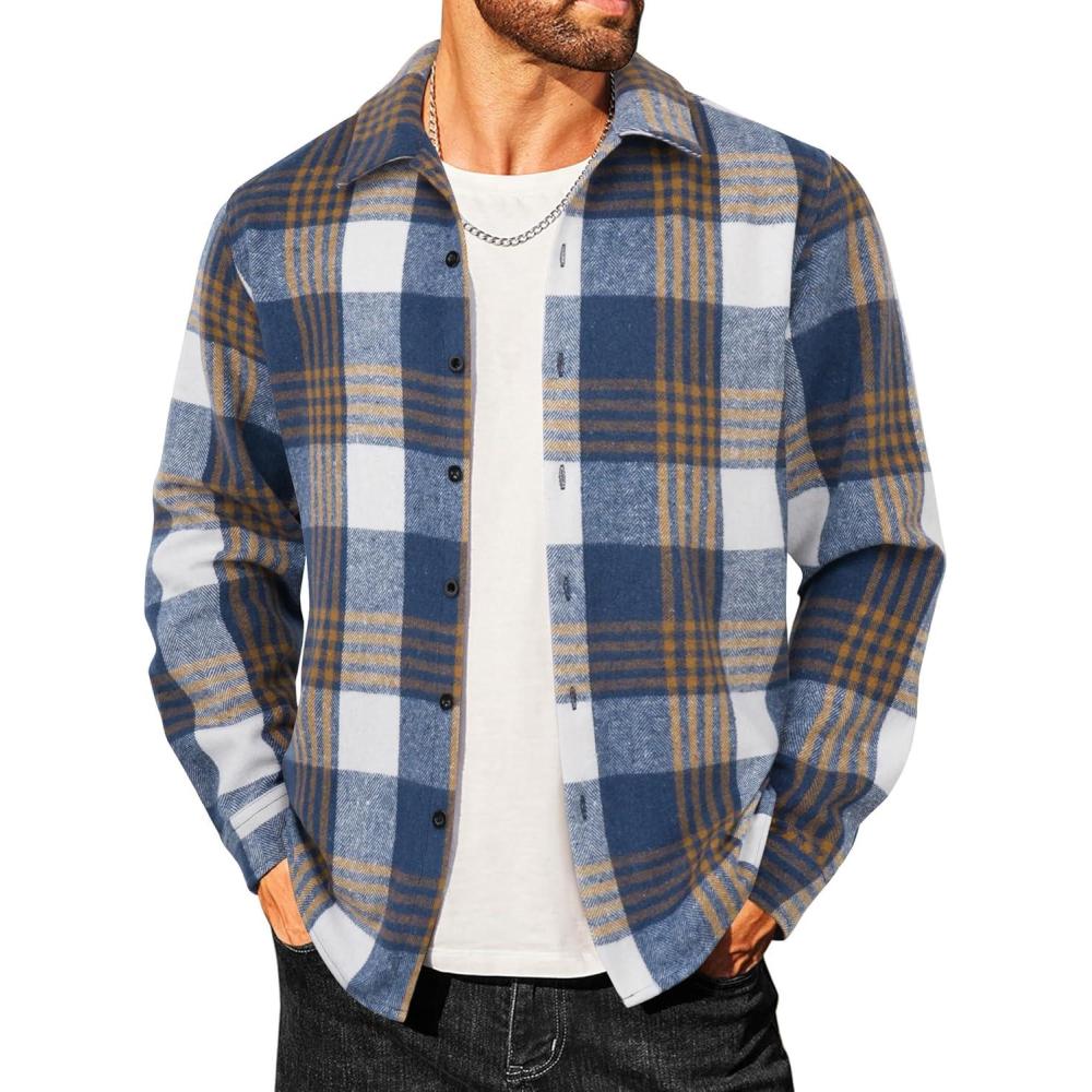 imageCOOFANDY Mens Flannel Shirts Casual Button Down Plaid Shirt Jacket Long Sleeve Fleece ShacketDark Bluewhite Plaid
