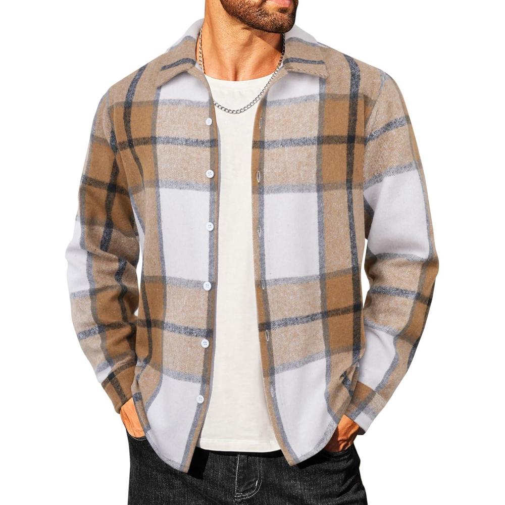 imageCOOFANDY Mens Flannel Shirts Casual Button Down Plaid Shirt Jacket Long Sleeve Fleece ShacketKhakiwhite Plaid