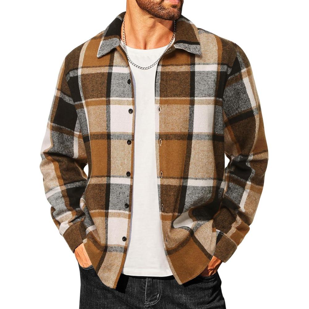 imageCOOFANDY Mens Flannel Shirts Casual Button Down Plaid Shirt Jacket Long Sleeve Fleece ShacketYellowgrey Plaid