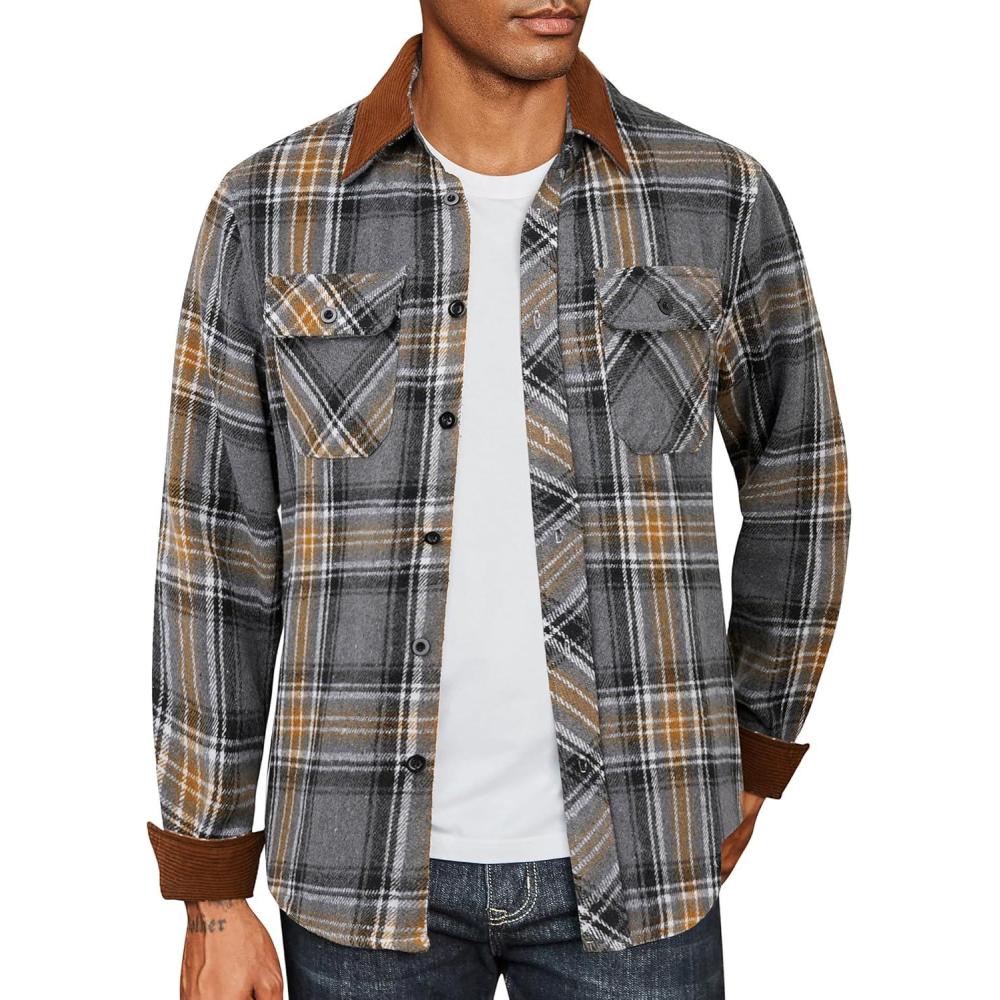 imageCOOFANDY Mens Flannel Shirts Long Sleeve Fleece Plaid Jacket Casual Stylish Button Down Shirts with PocketsGrey