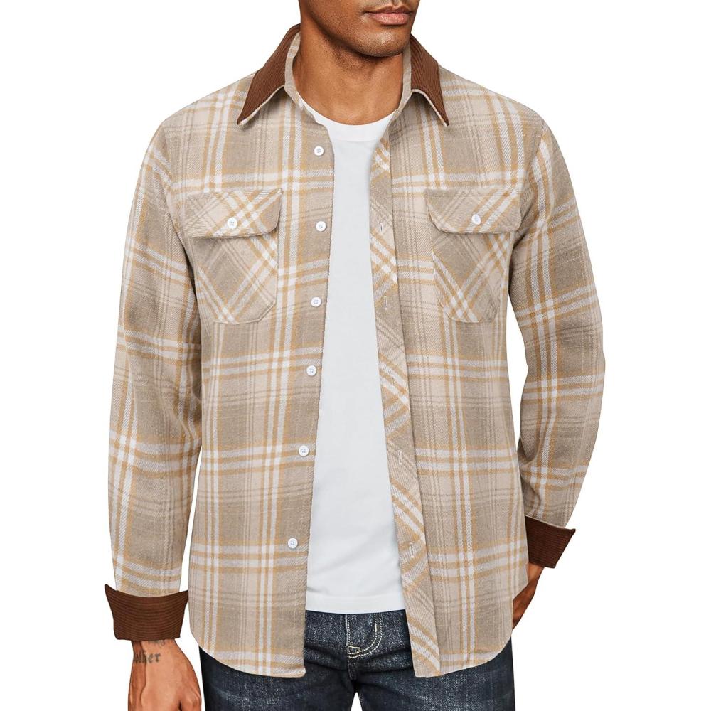 imageCOOFANDY Mens Flannel Shirts Long Sleeve Fleece Plaid Jacket Casual Stylish Button Down Shirts with PocketsLight Khaki
