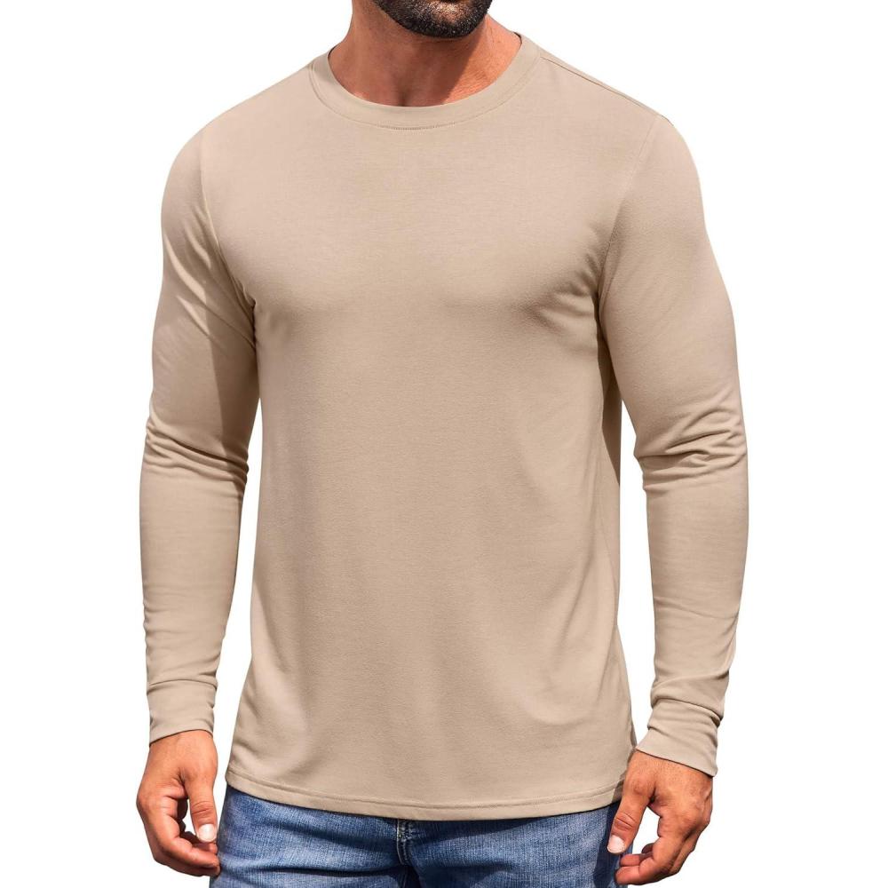 imageCOOFANDY Mens Long Sleeve Tee Shirts Crew Neck TShirt Casual Pullover Basic Tees Soft Stretch TshirtsLight Apricot