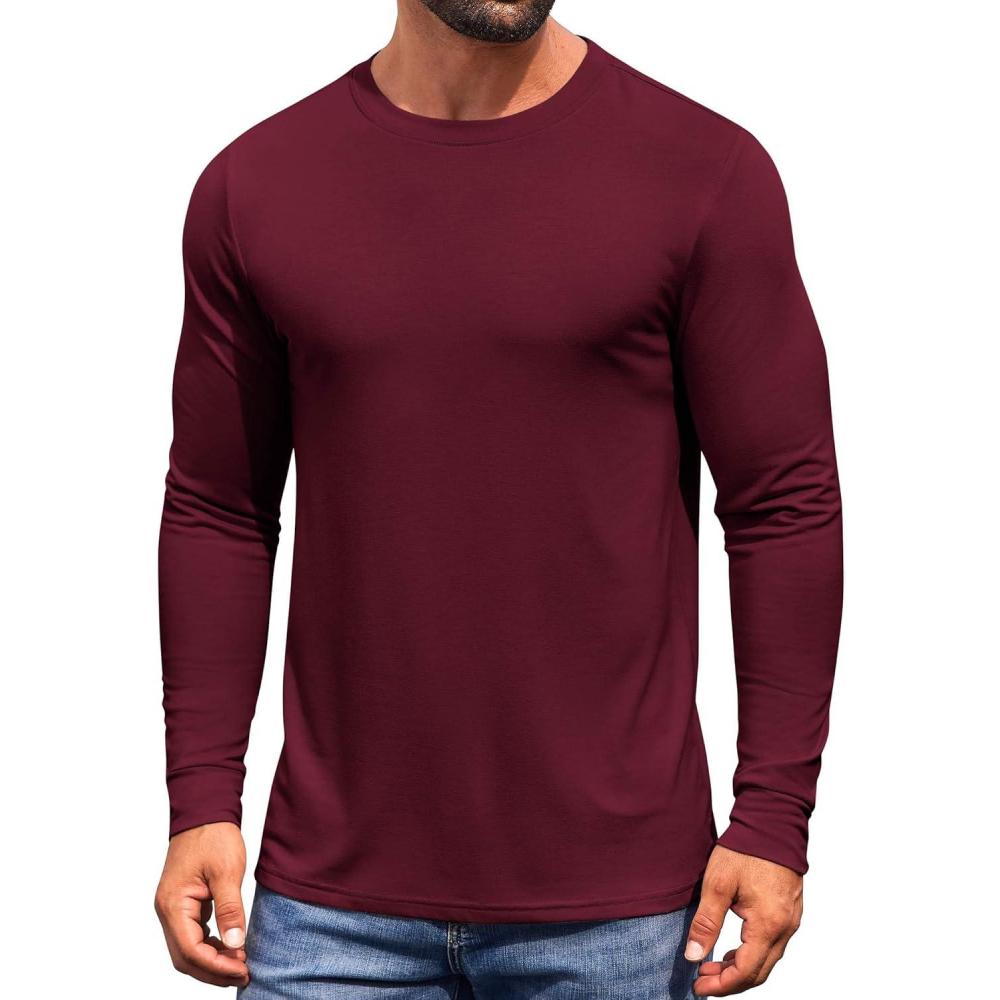 imageCOOFANDY Mens Long Sleeve Tee Shirts Crew Neck TShirt Casual Pullover Basic Tees Soft Stretch TshirtsWine Red