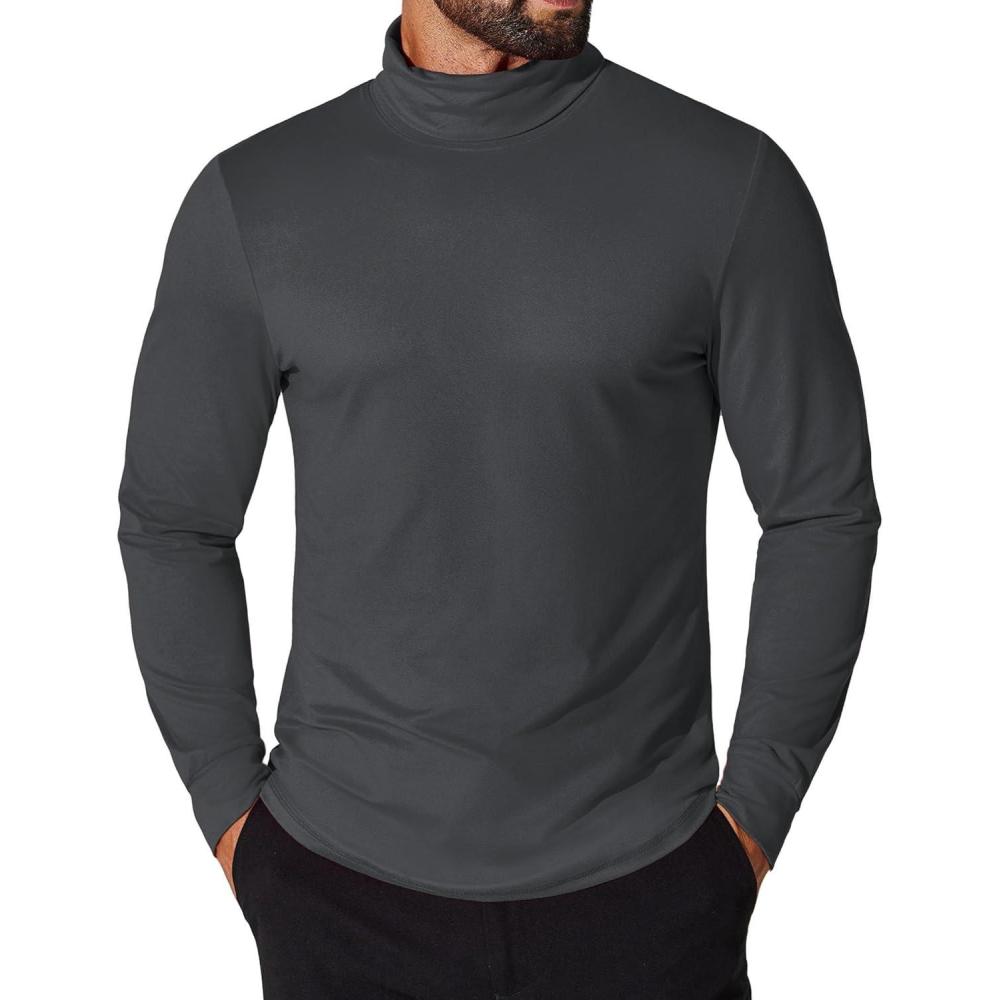 imageCOOFANDY Mens Turtleneck T Shirt Long Sleeve Pullover Sweater Slim Fit Lightweight Thermal Undershirt TopsDeep Grey