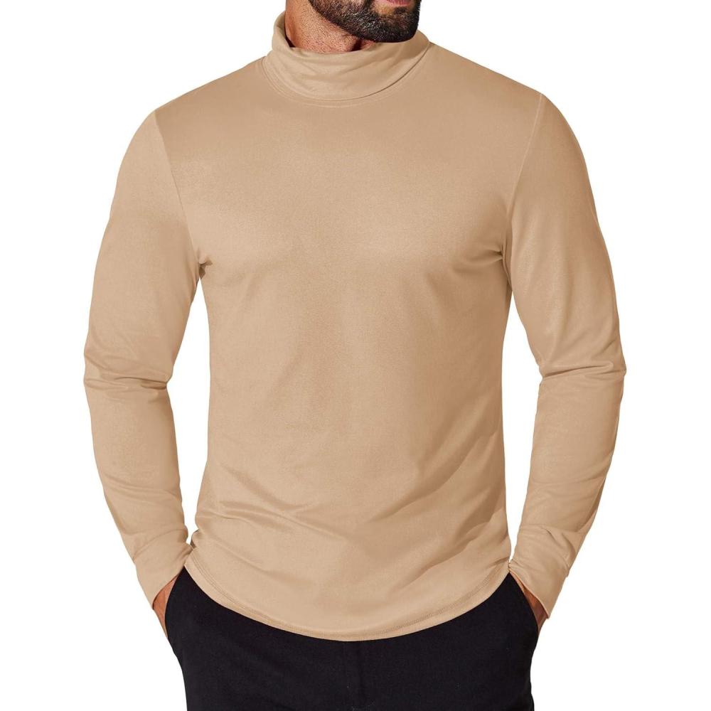 imageCOOFANDY Mens Turtleneck T Shirt Long Sleeve Pullover Sweater Slim Fit Lightweight Thermal Undershirt TopsKhaki