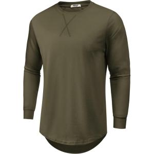 imageCOOFANDY Mens Cotton Hipster Hip Hop Longline Crewneck T Shirts Casual Long Sleeve Tees Curved Hem Gym ShirtsOne Piece Army Green