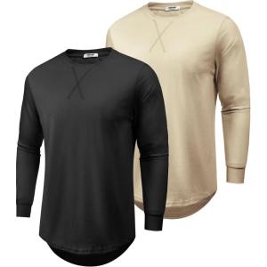imageCOOFANDY Mens Cotton Hipster Hip Hop Longline Crewneck T Shirts Casual Long Sleeve Tees Curved Hem Gym ShirtsTwo Pack Black  Light Khaki