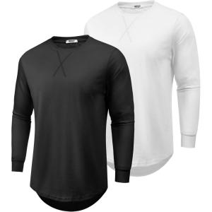 imageCOOFANDY Mens Cotton Hipster Hip Hop Longline Crewneck T Shirts Casual Long Sleeve Tees Curved Hem Gym ShirtsTwo Pack Black  White