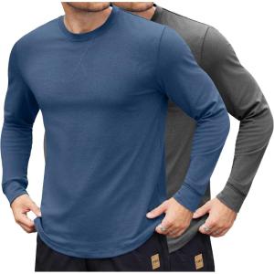 imageCOOFANDY Mens Cotton Hipster Hip Hop Longline Crewneck T Shirts Casual Long Sleeve Tees Curved Hem Gym ShirtsTwo Pack Dark Grey  Navy