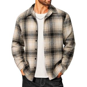 imageCOOFANDY Mens Flannel Shirts Casual Button Down Plaid Shirt Jacket Long Sleeve Fleece ShacketBlackbeige Plaid