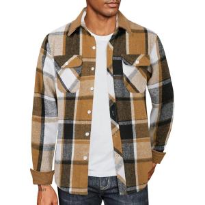 imageCOOFANDY Mens Flannel Shirts Long Sleeve Fleece Plaid Jacket Casual Stylish Button Down Shirts with PocketsKhaki