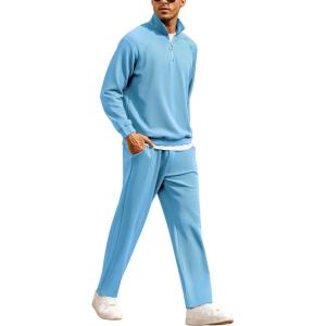 imageCOOFANDY Mens Tracksuit 2 Piece Relaxed Fit Halfzip Sweatsuits Athletic Running Jogging Suit SetsLight Blue