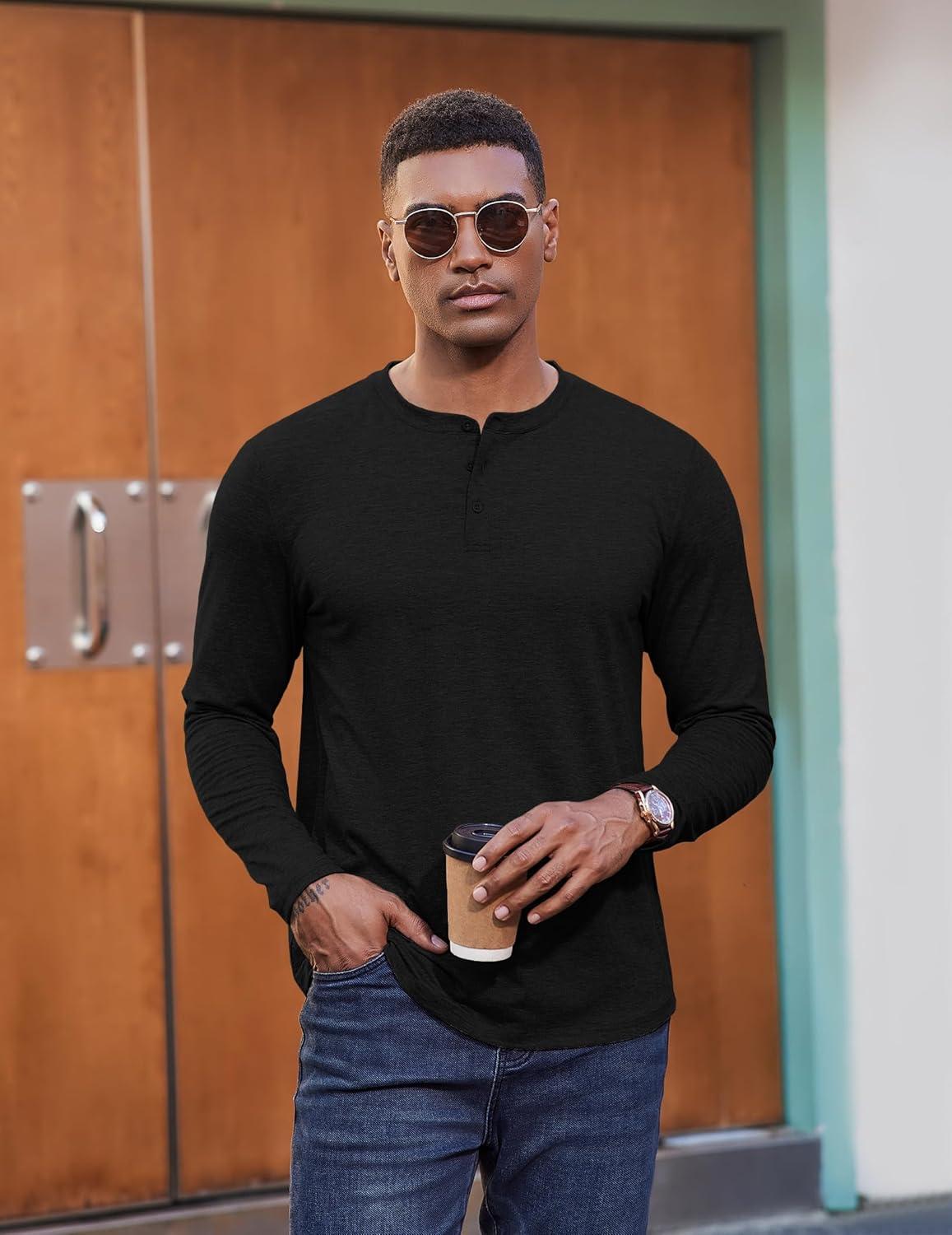 imageCOOFANDY Henley Shirts for Men Long Sleeve T Shirts Textured Casual Stretch Fashion Pullover Lightweight Fall TopsBlack