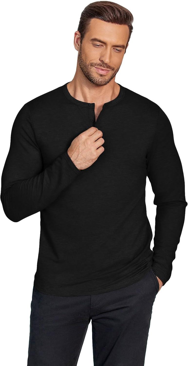 imageCOOFANDY Henley Shirts for Men Long Sleeve T Shirts Textured Casual Stretch Fashion Pullover Lightweight Fall TopsBlack