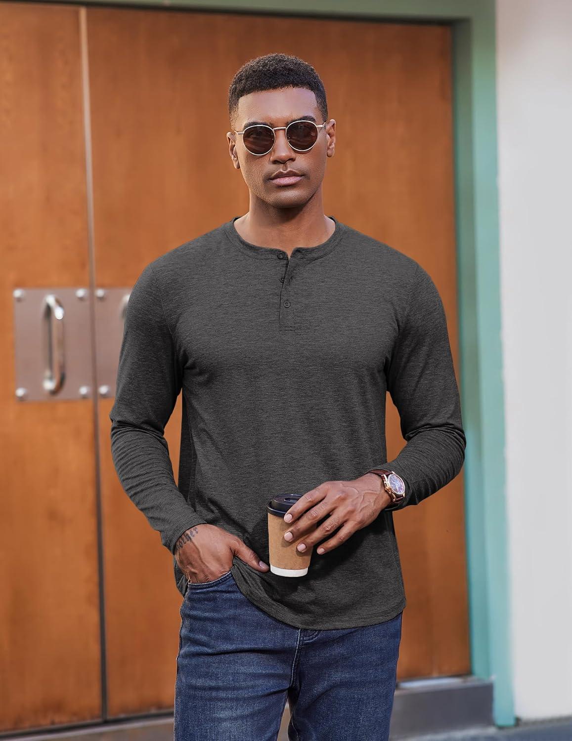 imageCOOFANDY Henley Shirts for Men Long Sleeve T Shirts Textured Casual Stretch Fashion Pullover Lightweight Fall TopsDark Grey