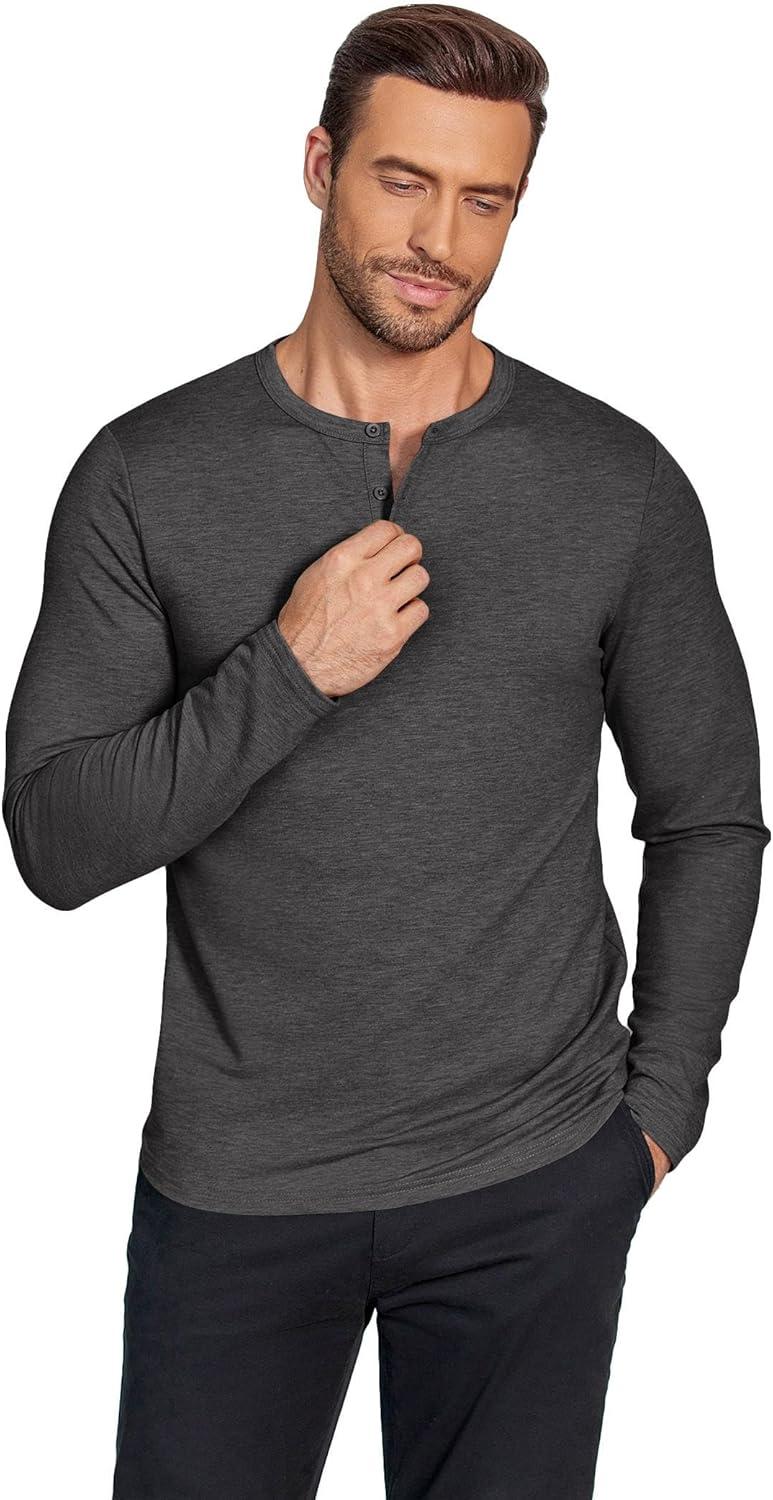 imageCOOFANDY Henley Shirts for Men Long Sleeve T Shirts Textured Casual Stretch Fashion Pullover Lightweight Fall TopsDark Grey