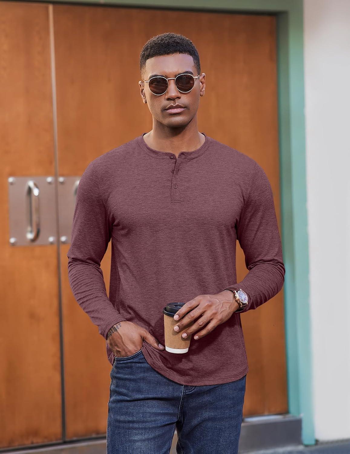 imageCOOFANDY Henley Shirts for Men Long Sleeve T Shirts Textured Casual Stretch Fashion Pullover Lightweight Fall TopsDark Red