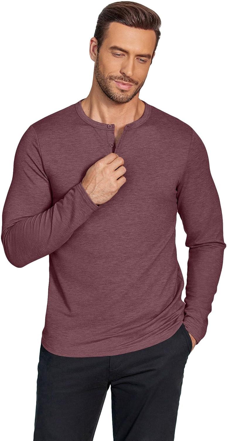 imageCOOFANDY Henley Shirts for Men Long Sleeve T Shirts Textured Casual Stretch Fashion Pullover Lightweight Fall TopsDark Red