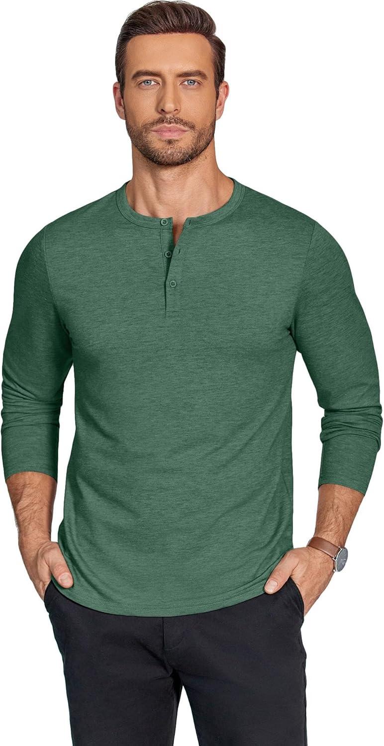 imageCOOFANDY Henley Shirts for Men Long Sleeve T Shirts Textured Casual Stretch Fashion Pullover Lightweight Fall TopsGreen
