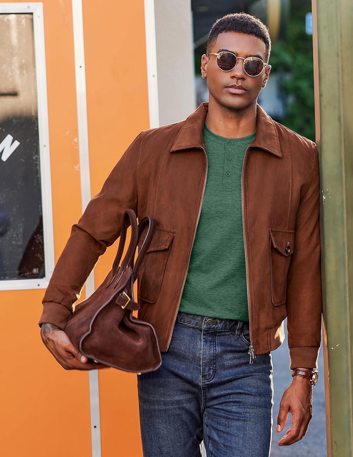 imageCOOFANDY Henley Shirts for Men Long Sleeve T Shirts Textured Casual Stretch Fashion Pullover Lightweight Fall TopsGreen