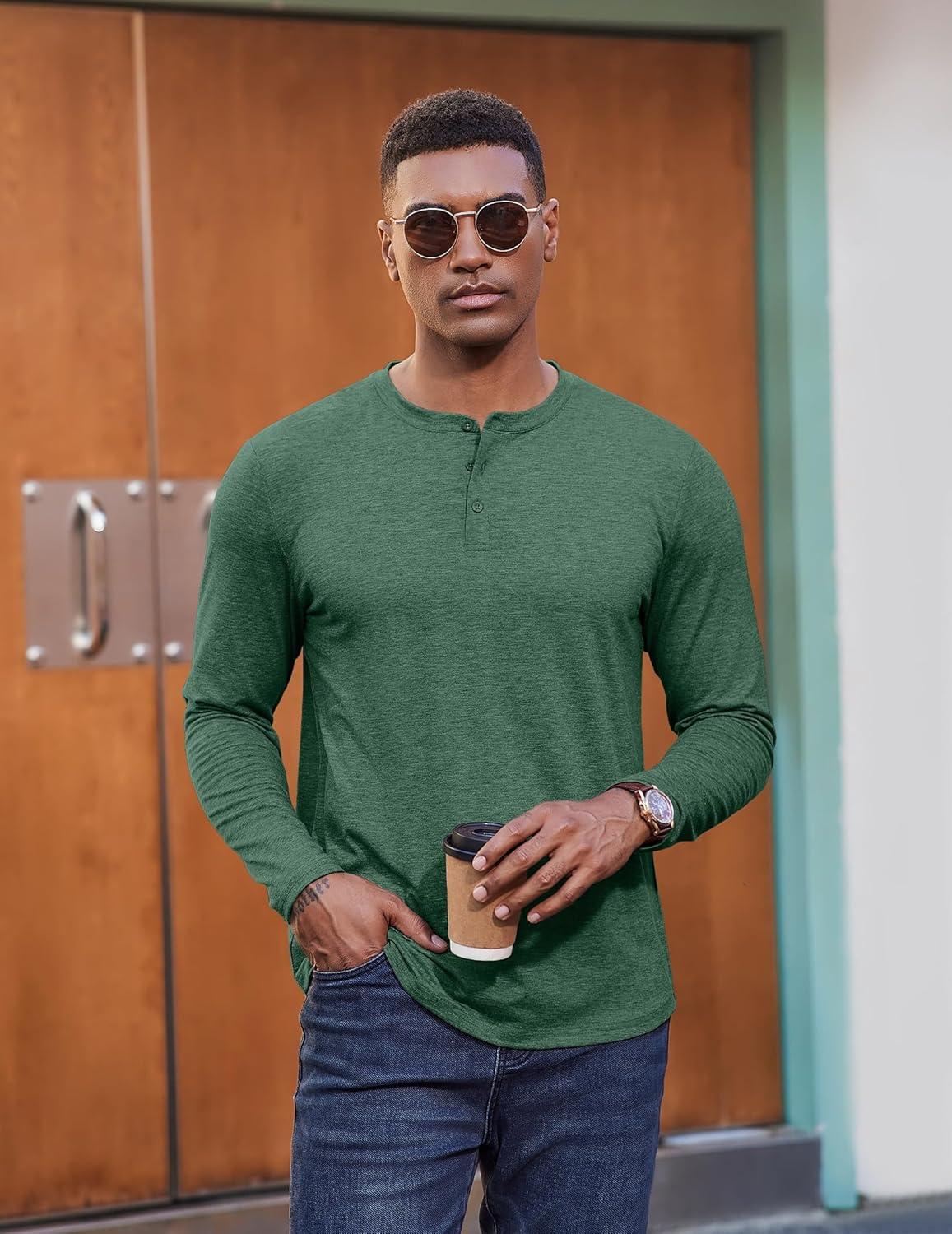 imageCOOFANDY Henley Shirts for Men Long Sleeve T Shirts Textured Casual Stretch Fashion Pullover Lightweight Fall TopsGreen