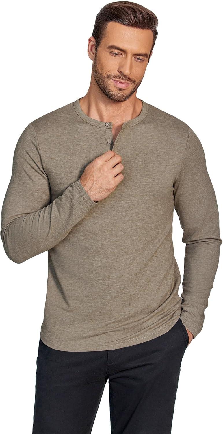 imageCOOFANDY Henley Shirts for Men Long Sleeve T Shirts Textured Casual Stretch Fashion Pullover Lightweight Fall TopsKhaki