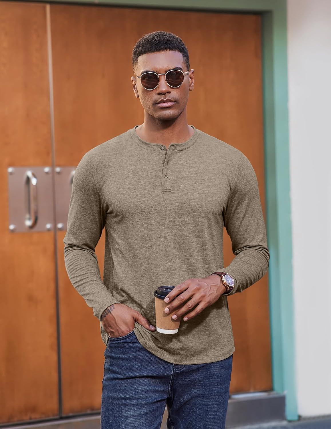 imageCOOFANDY Henley Shirts for Men Long Sleeve T Shirts Textured Casual Stretch Fashion Pullover Lightweight Fall TopsKhaki