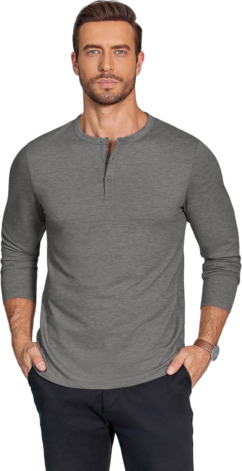 imageCOOFANDY Henley Shirts for Men Long Sleeve T Shirts Textured Casual Stretch Fashion Pullover Lightweight Fall TopsLight Grey