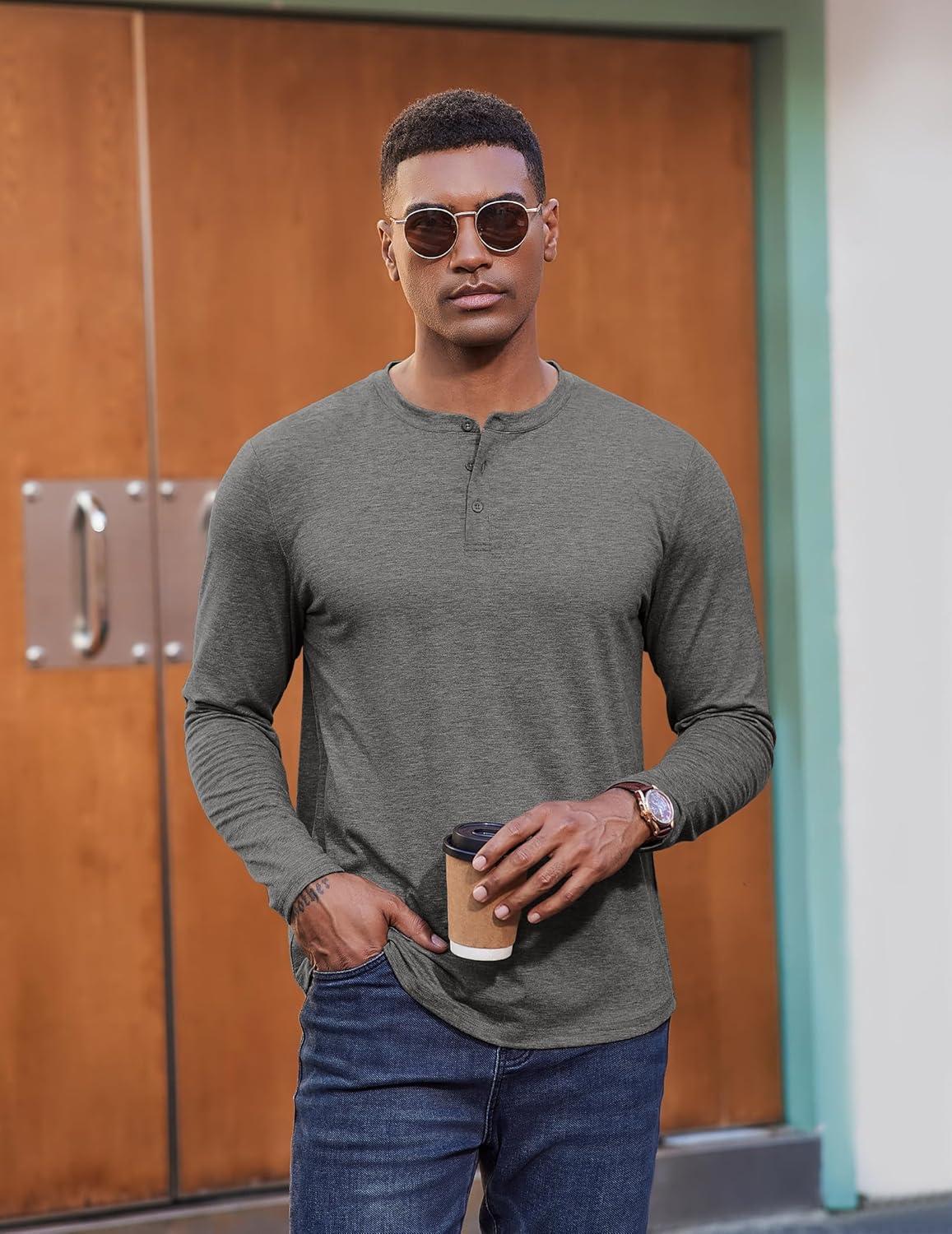 imageCOOFANDY Henley Shirts for Men Long Sleeve T Shirts Textured Casual Stretch Fashion Pullover Lightweight Fall TopsLight Grey