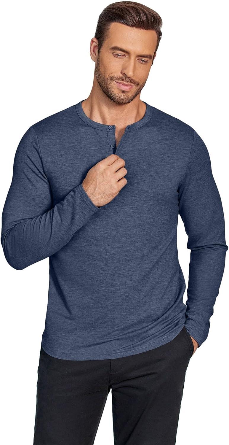 imageCOOFANDY Henley Shirts for Men Long Sleeve T Shirts Textured Casual Stretch Fashion Pullover Lightweight Fall TopsNavy Blue