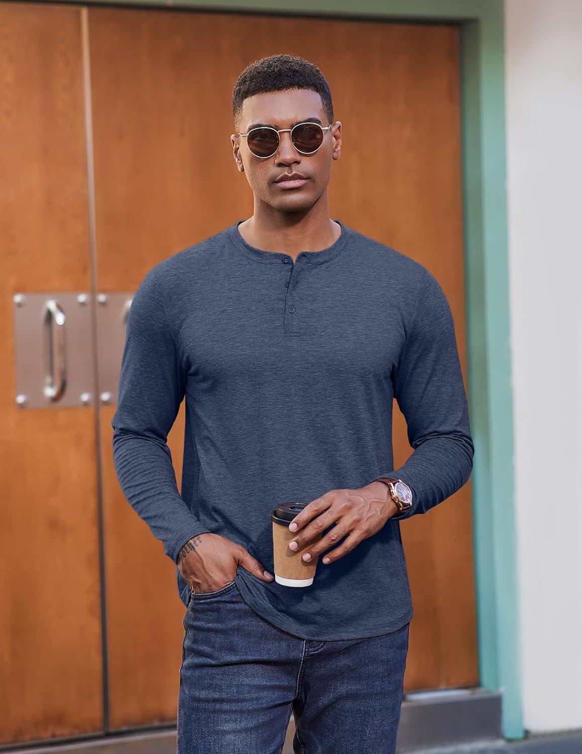 imageCOOFANDY Henley Shirts for Men Long Sleeve T Shirts Textured Casual Stretch Fashion Pullover Lightweight Fall TopsNavy Blue