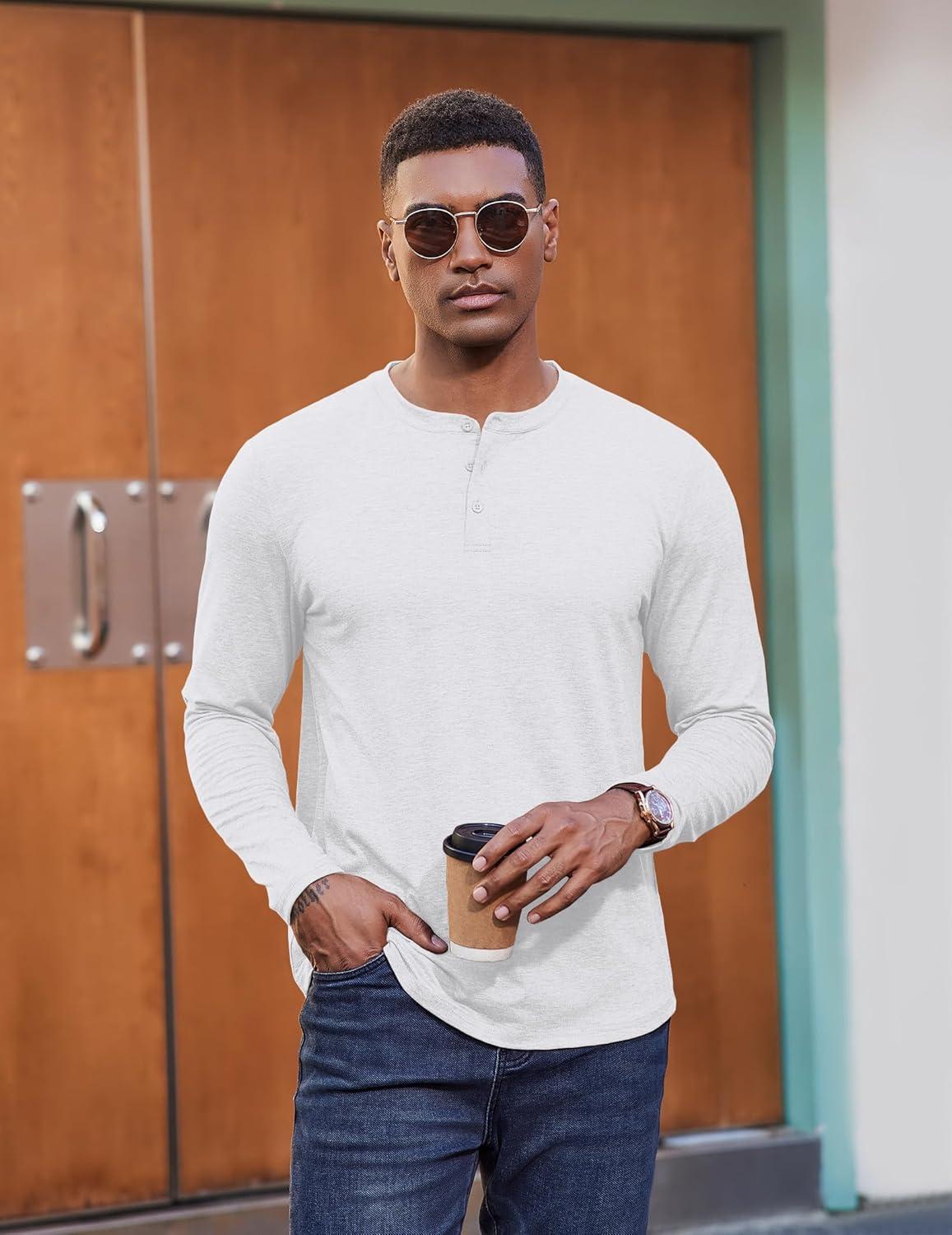 imageCOOFANDY Henley Shirts for Men Long Sleeve T Shirts Textured Casual Stretch Fashion Pullover Lightweight Fall TopsWhite