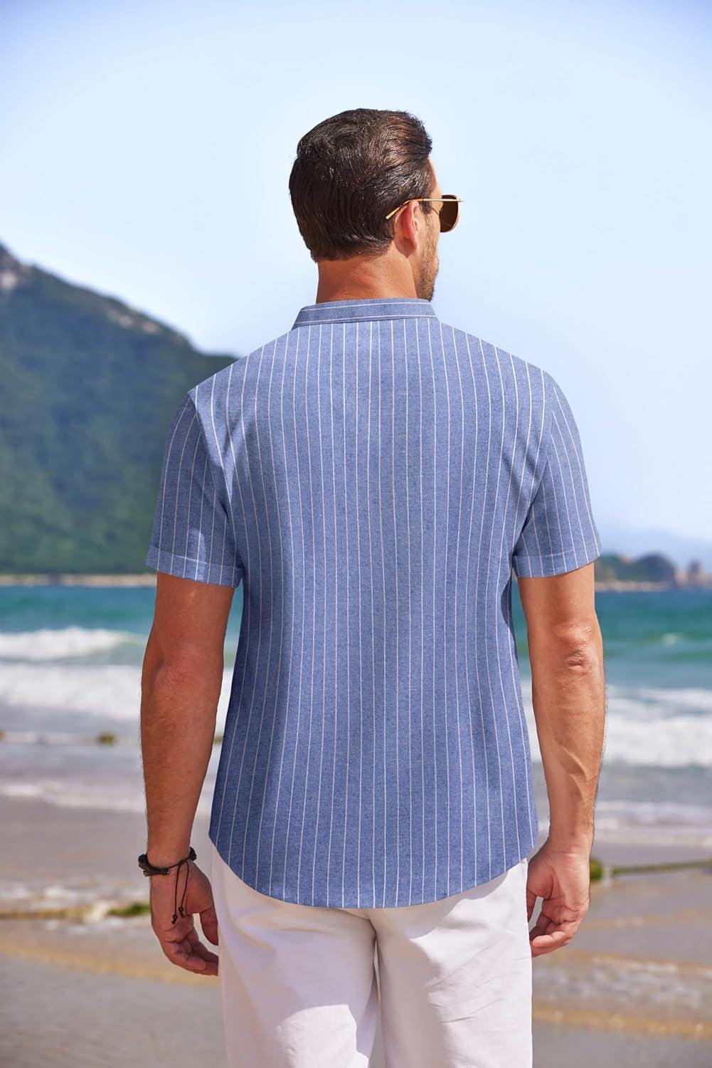 imageCOOFANDY Mens Linen Henley Shirt Short Sleeve Casual Summer Beach Hippie T ShirtsStriped Blue