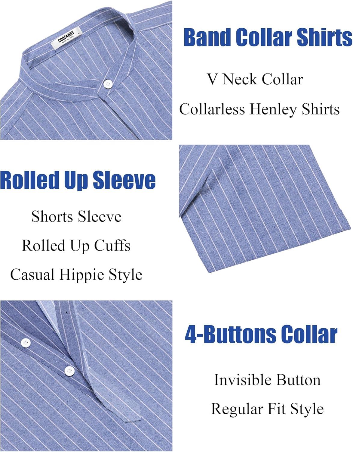imageCOOFANDY Mens Linen Henley Shirt Short Sleeve Casual Summer Beach Hippie T ShirtsStriped Blue