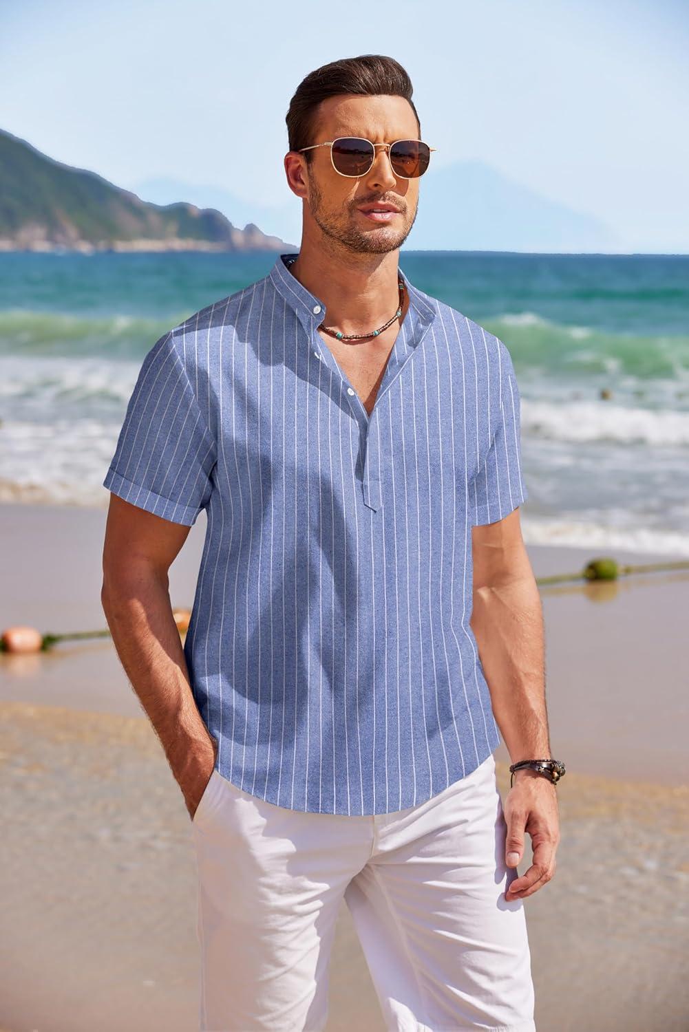 imageCOOFANDY Mens Linen Henley Shirt Short Sleeve Casual Summer Beach Hippie T ShirtsStriped Blue