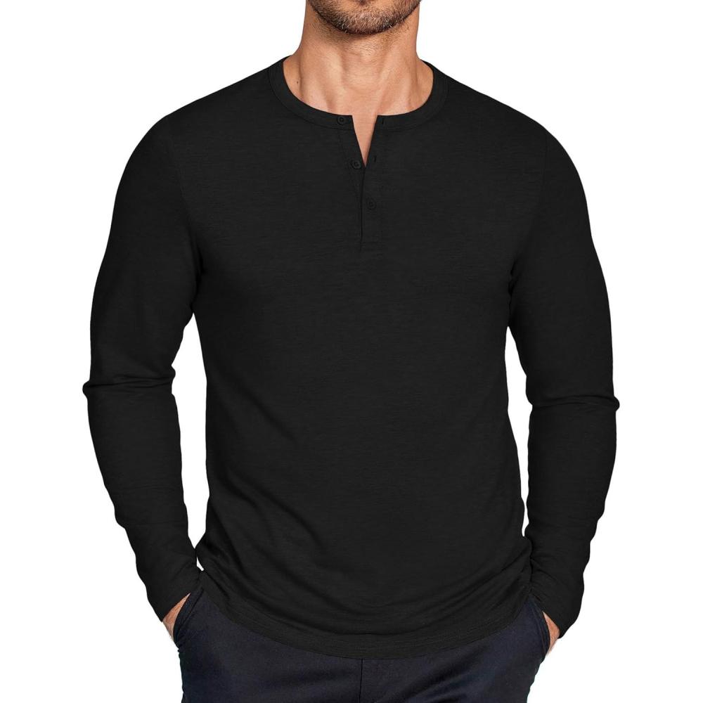 imageCOOFANDY Henley Shirts for Men Long Sleeve T Shirts Textured Casual Stretch Fashion Pullover Lightweight Fall TopsBlack