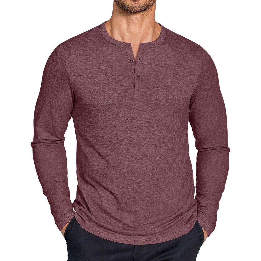 imageCOOFANDY Henley Shirts for Men Long Sleeve T Shirts Textured Casual Stretch Fashion Pullover Lightweight Fall TopsDark Red
