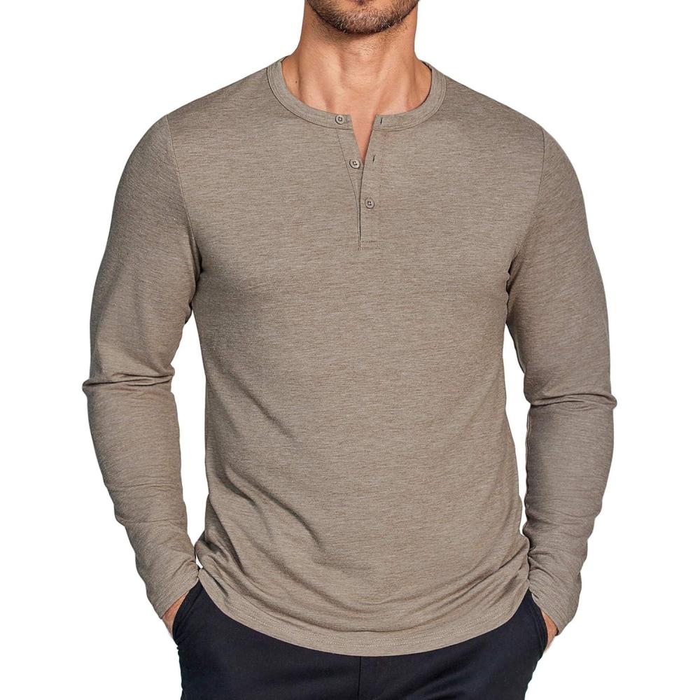 imageCOOFANDY Henley Shirts for Men Long Sleeve T Shirts Textured Casual Stretch Fashion Pullover Lightweight Fall TopsKhaki