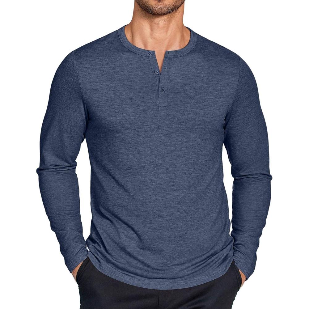 imageCOOFANDY Henley Shirts for Men Long Sleeve T Shirts Textured Casual Stretch Fashion Pullover Lightweight Fall TopsNavy Blue