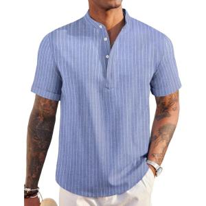 imageCOOFANDY Mens Linen Henley Shirt Short Sleeve Casual Summer Beach Hippie T ShirtsStriped Blue