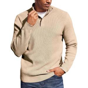 imageCOOFANDY Mens Quarter Button Sweater Mock Neck Textured Knitted PulloverBeige