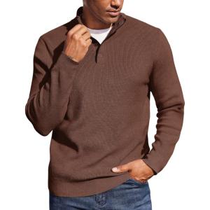 imageCOOFANDY Mens Quarter Button Sweater Mock Neck Textured Knitted PulloverCoffee
