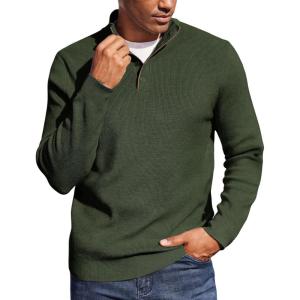 imageCOOFANDY Mens Quarter Button Sweater Mock Neck Textured Knitted PulloverDark Army Green