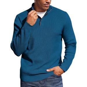 imageCOOFANDY Mens Quarter Button Sweater Mock Neck Textured Knitted PulloverDark Blue