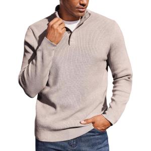 imageCOOFANDY Mens Quarter Button Sweater Mock Neck Textured Knitted PulloverKhaki