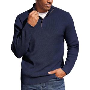 imageCOOFANDY Mens Quarter Button Sweater Mock Neck Textured Knitted PulloverNavy Blue